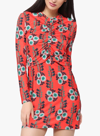 Buy Floral Print Ruched Dress Multicolour in UAE