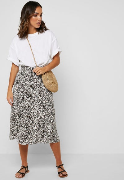 button front leopard skirt