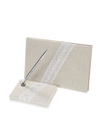 اشتري Vintage Burlap Lace Wedding Guest Signature Book And Pen Stand Set White في السعودية