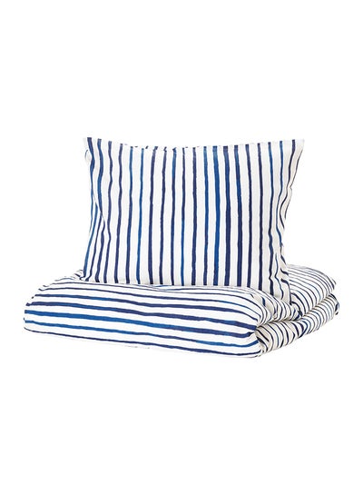 Buy Striped Print Quilt Cover And Pillowcase cotton Blue/White 150cm in UAE