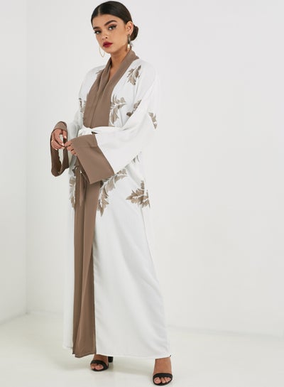 Buy Embroidered Floral Abaya White/Brown in UAE