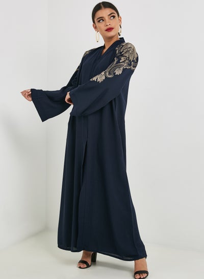 Buy Floral Embroidered Abaya Blue in UAE