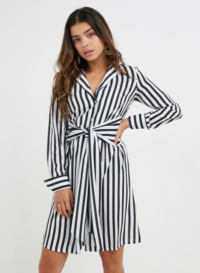 Buy Tied Waist Striped Dress Black/White in UAE