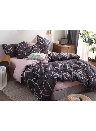 Buy 6-Piece Double Size Heart Design Duvet Cover Set Cotton Dark Grey/Pink in Saudi Arabia