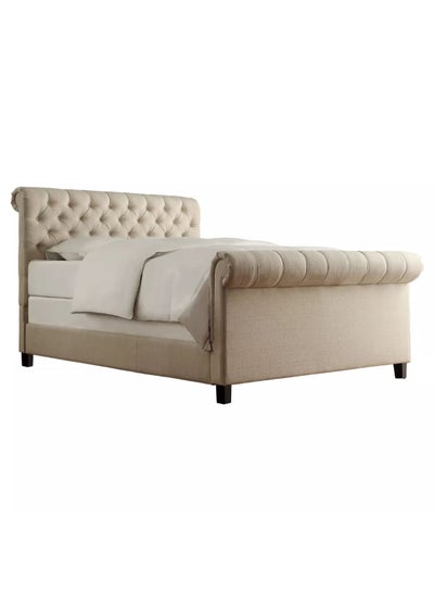 Buy Oxford Rolled Top Tufted Sleigh Bed Frame Without Mattress Beige 200 x 200cm in UAE