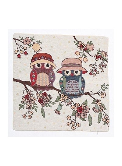 Buy Couple Of Owl On Tree Printed Cushion Cover Cotton Beige/Red/Blue in UAE