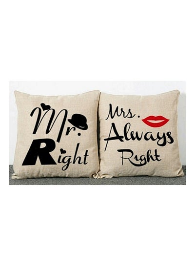 Buy 2-Piece Mr. Right And Mrs. Always Right Printed Cushion Cover Set Linen Beige/Red/Black 45x45centimeter in UAE