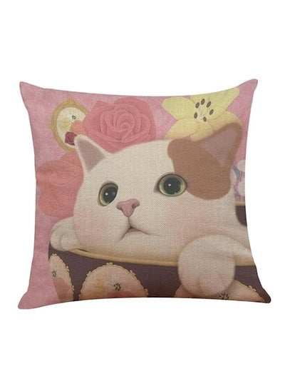 اشتري Cat Printed Decorative Cushion وردي/أبيض 45x45 سنتيمتر في الامارات