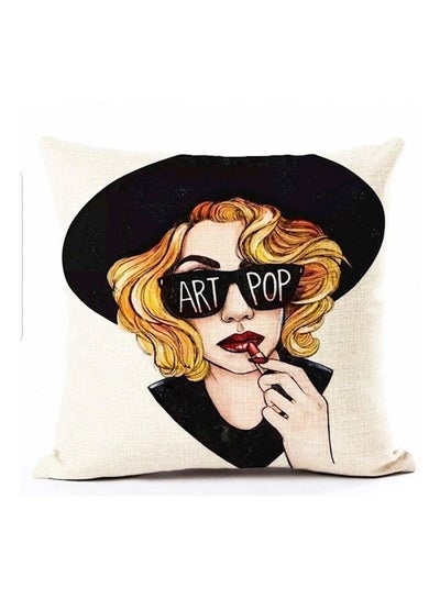 Buy Lady Print Printed Decorative Cushion Cover White/Black/Yellow 45x45cm in UAE