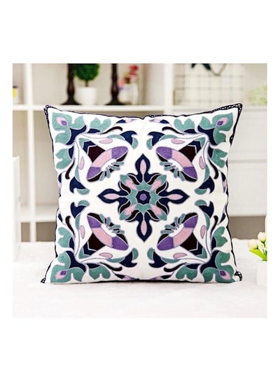 Buy Embroidered Cushion Cover cotton White/Green/Blue 45x45cm in UAE