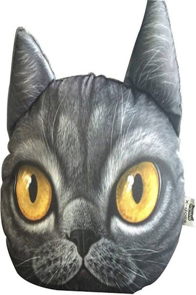 Buy Plush Cat Head Shape Cushion cotton Grey/Black/Yellow 30x22cm in UAE