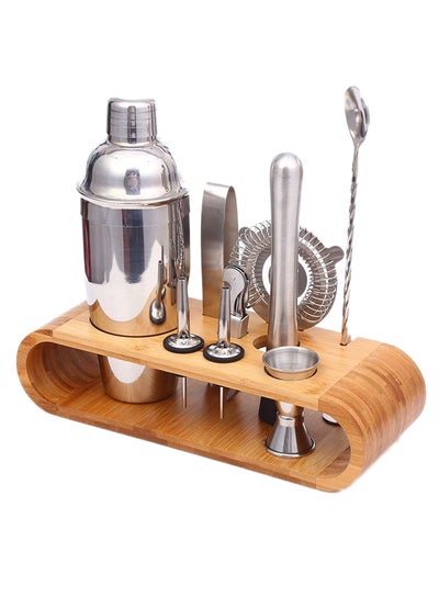 Buy 9-Piece Bartender Cocktail Shaker Set With Stand Silver/Brown 1000ml in UAE