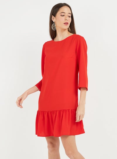 Buy Round Neck Three-Quarter Sleeve Dress Aura Orange in Saudi Arabia