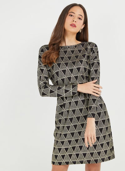 Buy Geometric Pattern Long Sleeve Dress Black in UAE