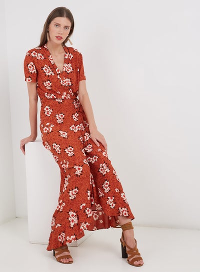 Buy Floral Print Wrap Dress Rust in Saudi Arabia