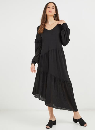 Buy Asymmetric Pleated Dress Black in UAE