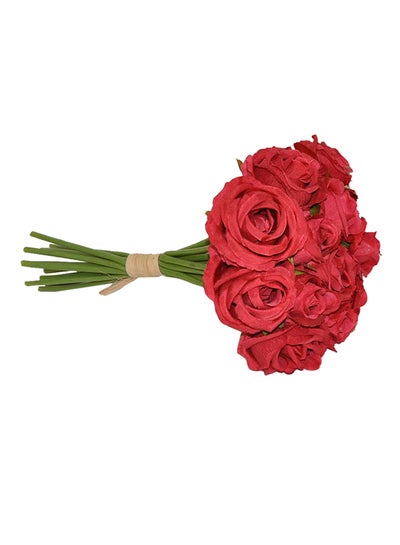 Buy Decorative Bundle Of Artificial Roses Damask Red/Green 7cm in Saudi Arabia