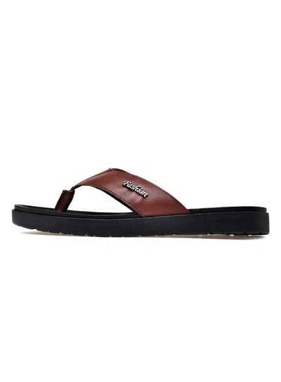 Buy Leather Slip-On Flat Flip Flops Brown in UAE