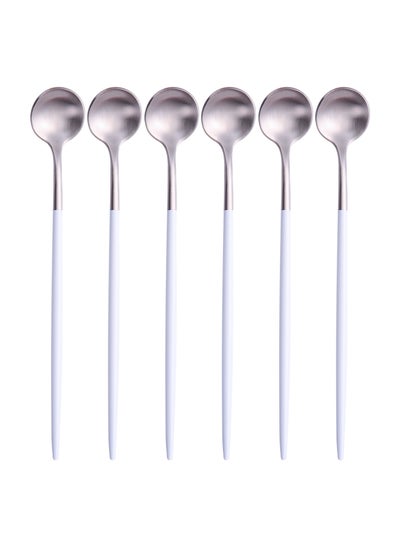 Buy 6-Piece Long Handle Iced Tea Spoon Set White/Silver 20centimeter in Saudi Arabia