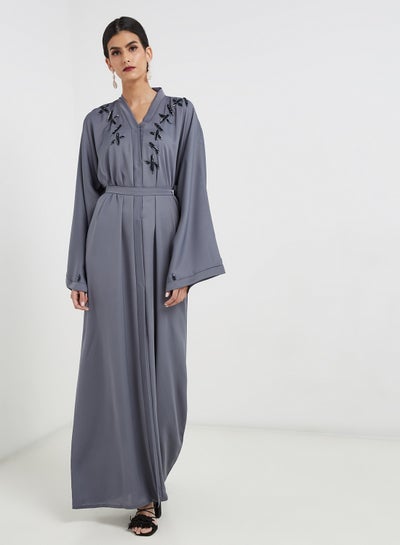 Buy Embroidered Pattern Abaya With Waist Belt Grey in UAE