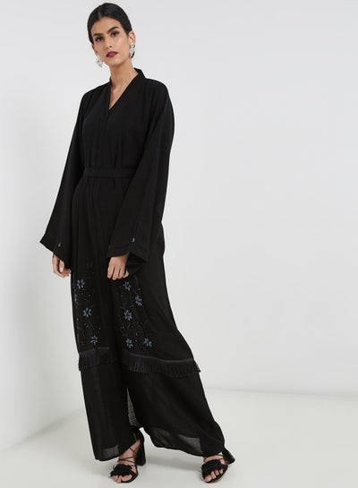 Buy Embroidered Pattern Abaya With Waist Belt Black in UAE