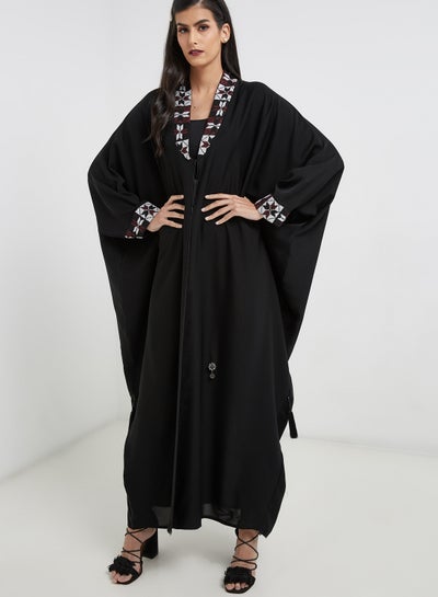 اشتري Printed V-Neck Abaya Black في الامارات