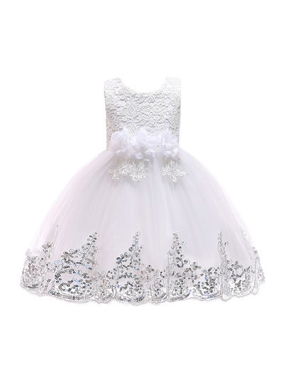 Buy Hand-stitched Sequins Flower Mesh Dress White in Saudi Arabia