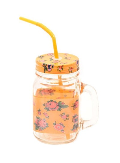 Buy Floral Print Mason Jar With Lid Clear/Orange in Saudi Arabia