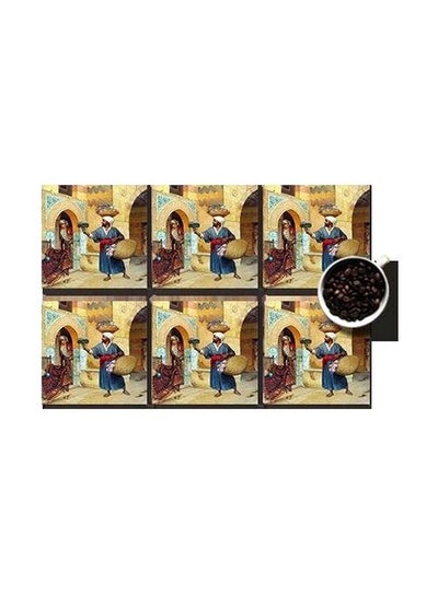 Buy 6-Piece Printed Coaster Set Yellow/Blue/Brown 7x7cm in Egypt