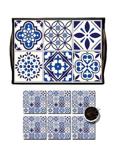 Buy 7-Piece Coaster With Serving Tray Set White/Blue in Egypt