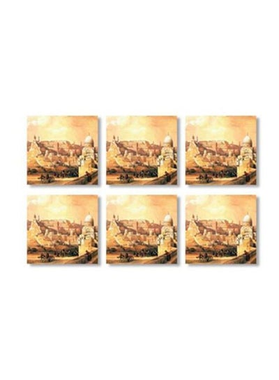 Buy 6-Piece Printed Tea Coaster Yellow/Grey/Beige 9x9cm in Egypt