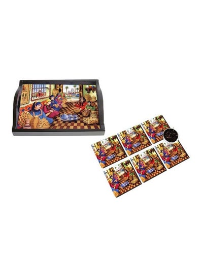 اشتري 6-Piece Printed Coaster With Wooden Tray Set أصفر/ أحمر/ بني 25x34 سنتيمتر في مصر