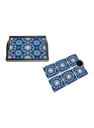 Buy 6-Piece Coaster With Tray Set Blue/White in Egypt