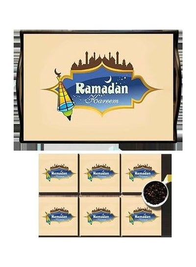 Buy 6-Piece Coaster With Serving Tray Beige/Blue/Gold in Egypt