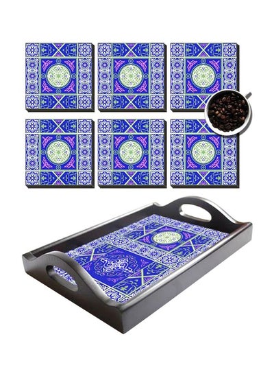 Buy 6-Piece Coaster With Tray Blue/Green/Purple 9x9cm in Egypt