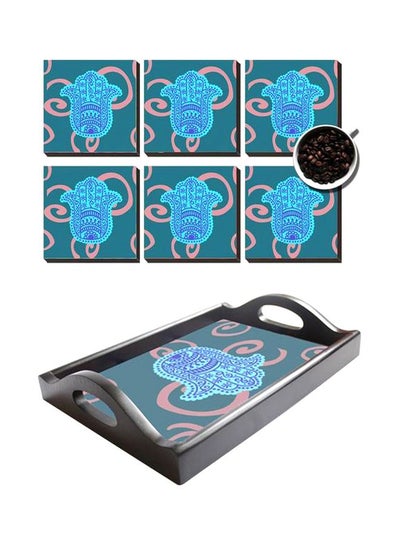Buy 6-Piece Coaster Set With Kaf Tray Teal Blue 9x9cm in Egypt
