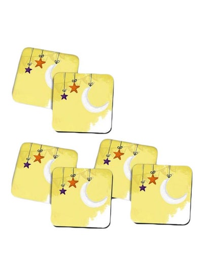 Buy 6-Piece Ramadan Printed Wooden Coaster Set Yellow/White in Egypt