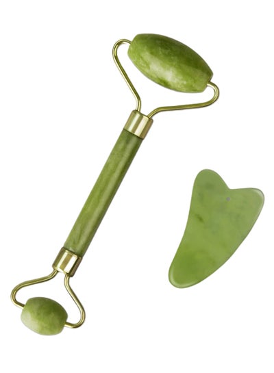 Buy Natural Jade Facial Massage Roller With Gua Sha Scraping Tool Set Green 2.8X3.8X1.8inch in Egypt