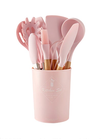 Buy 11-Piece Barreled Cooking Utensils Set With Wooden Handle Pink/Brown in Egypt