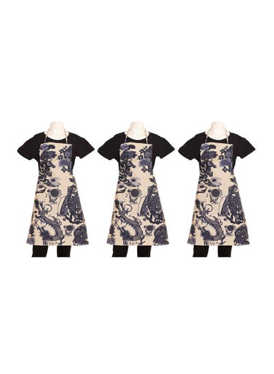 Buy Set Of 3 Dragon Design Cotton Kitchen Apron With Front Pocket Blue/Beige 73 x 54cm in Egypt