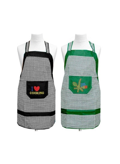 Buy Set Of 2 Checked Design Cotton Kitchen Apron With Front Pocket Green/Black 29 x 20inch in Egypt