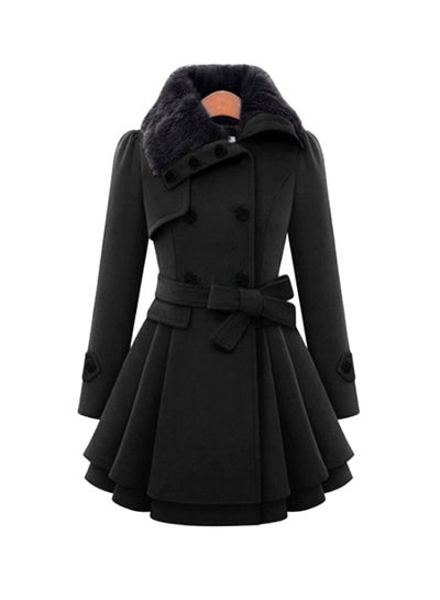 Buy Double-Breasted Woolen Coat With Belt Black in Saudi Arabia