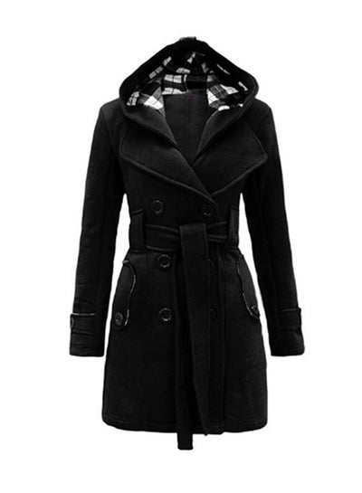 Buy Double-Breasted Thick Coat With Belt Black in Saudi Arabia