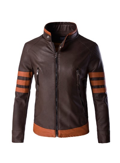 Buy PU Leather Stand Collar Zipper Jacket Brown in UAE