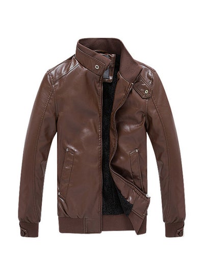 Buy PU Leather Stand Collar Slim Fit Jacket Brown in Saudi Arabia