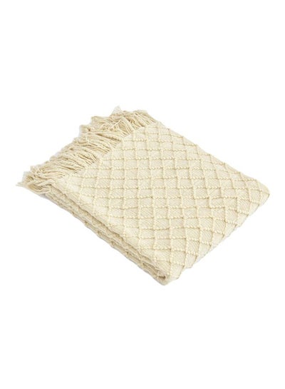 Buy 1 Piece Tassel Design Knitted Blanket Single Size Cotton Beige 130x170cm in UAE