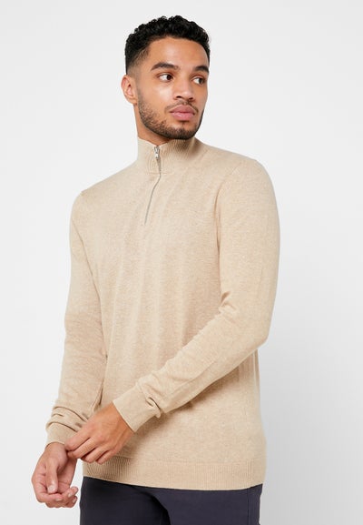 Zip Detail Turtle Neck Sweater Beige 