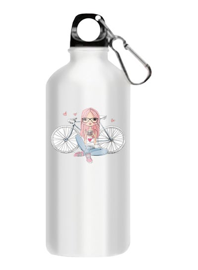 اشتري Girl And Cycle Printed Water Bottle With Hook White/Black في مصر