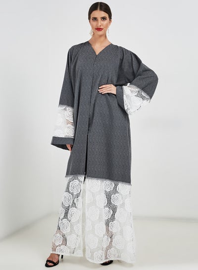 Buy Contrast Net Patched Abaya Grey/White in Saudi Arabia