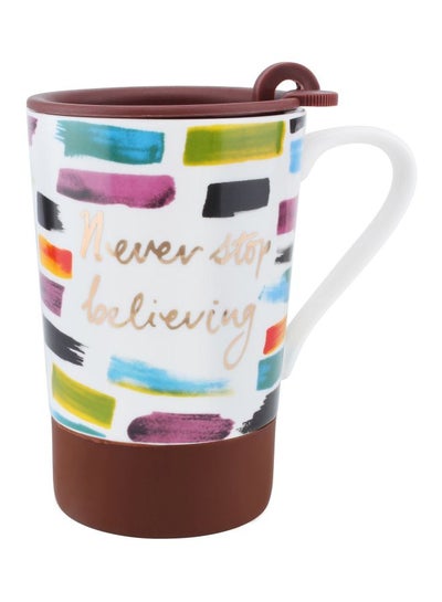 Buy Never Stop Believing Printed Mug With Lid White/Brown/Black in UAE